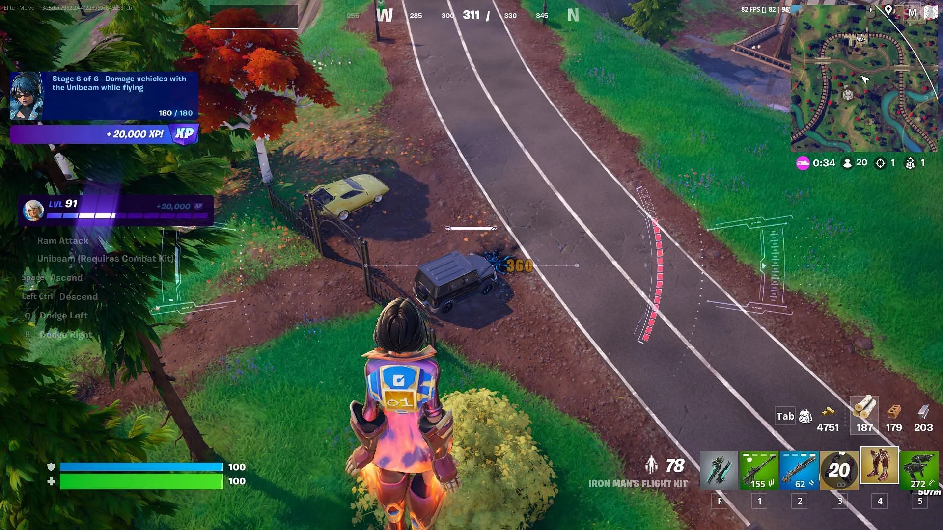 Hit a vehicle with the unibeam while flying to complete the final part of the I Am Iron Man Story Quests in Fortnite Chapter 5 Season 4 (Image via Epic Games)