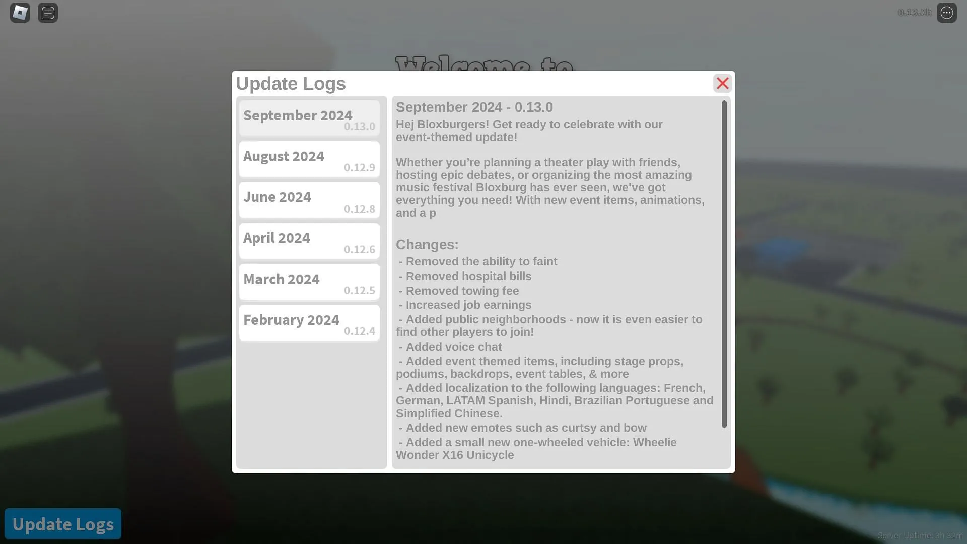 In-game update log (Image via Roblox)