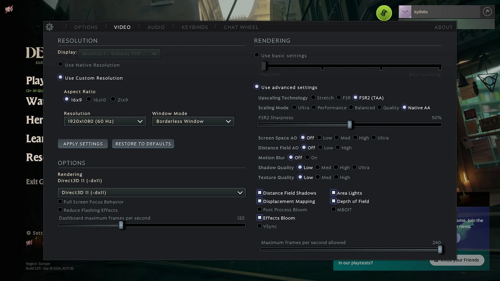 Menú de configuración de gráficos de Deadlock (imagen vía Valve)