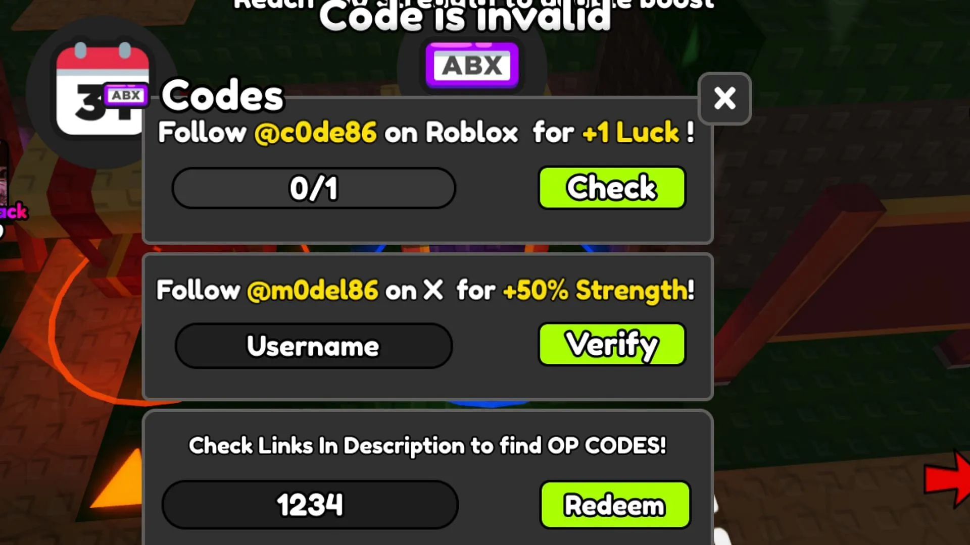 Problème de code non valide RNG de formation Anime (image via Roblox)