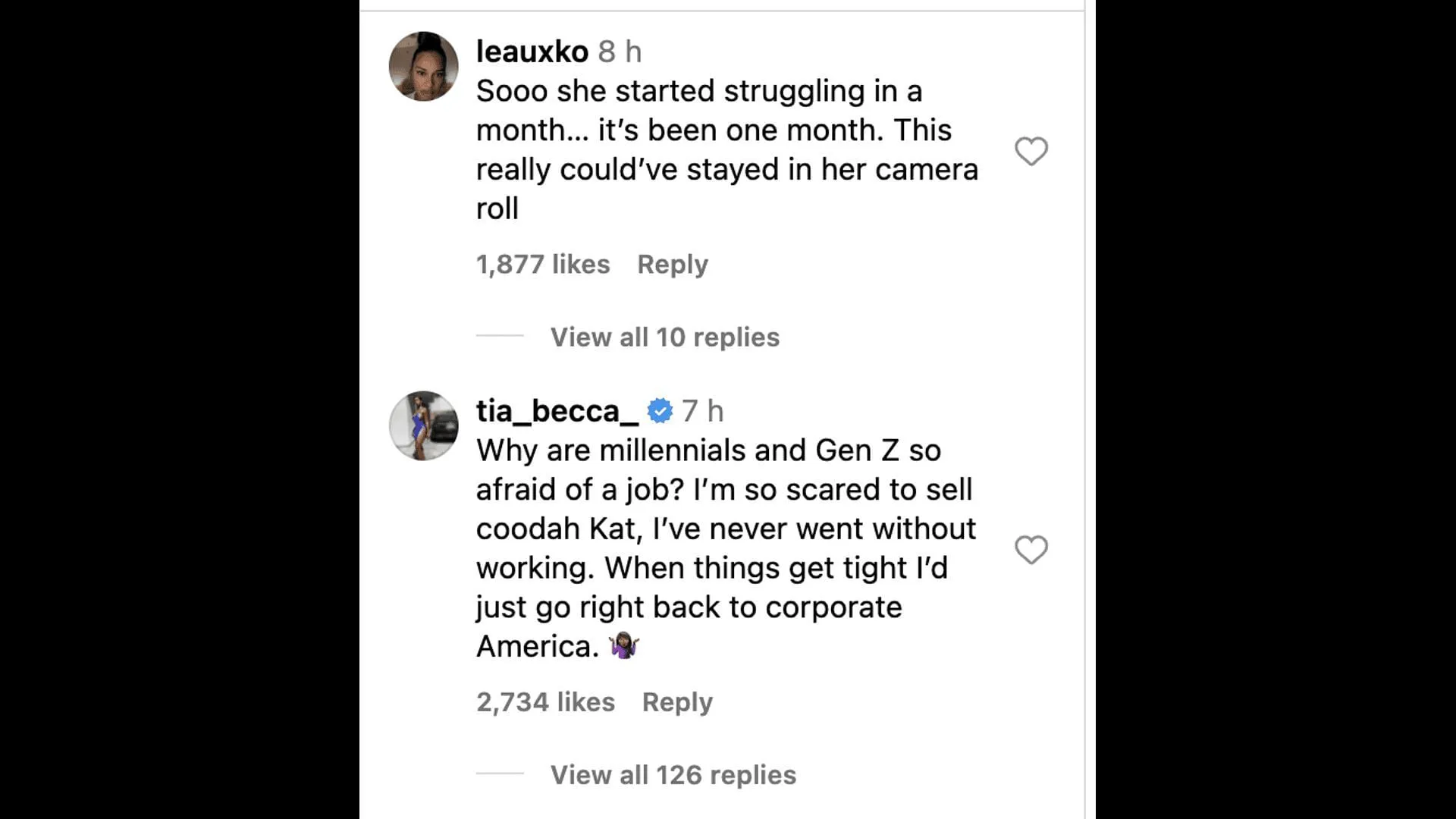 Social media users comment on Renner's situation as she shares how her 'new lifestyle' left her 'broke.' (Image via Instagram)