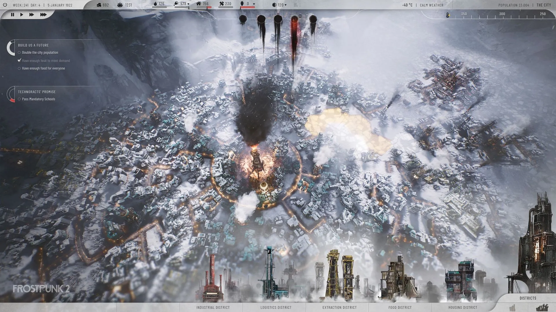 Construa distritos em Frostpunk 2 no menu de construção de distritos (Imagem via 11 Bit Studios)