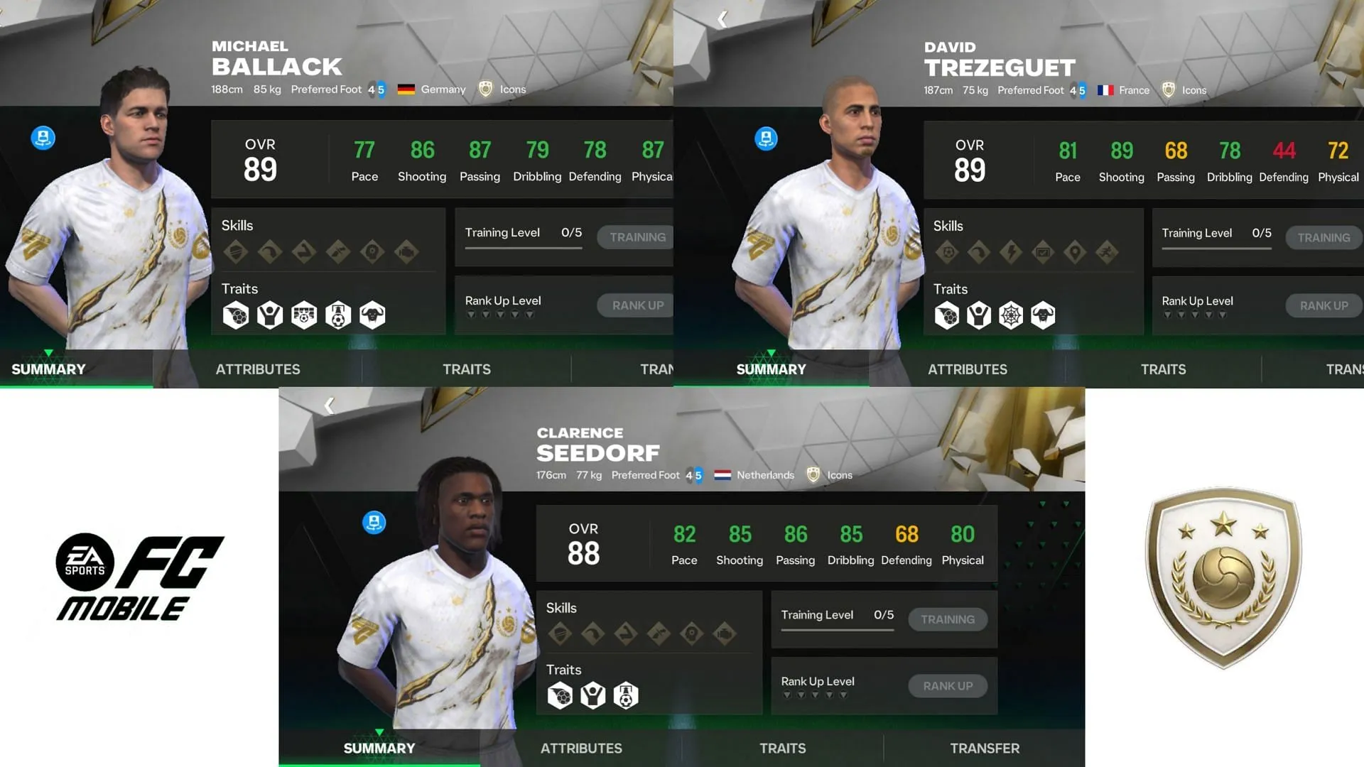 FC Mobile base Icon cards of Ballack, Trezeguet, and Seedorf (Images via EA Sports)