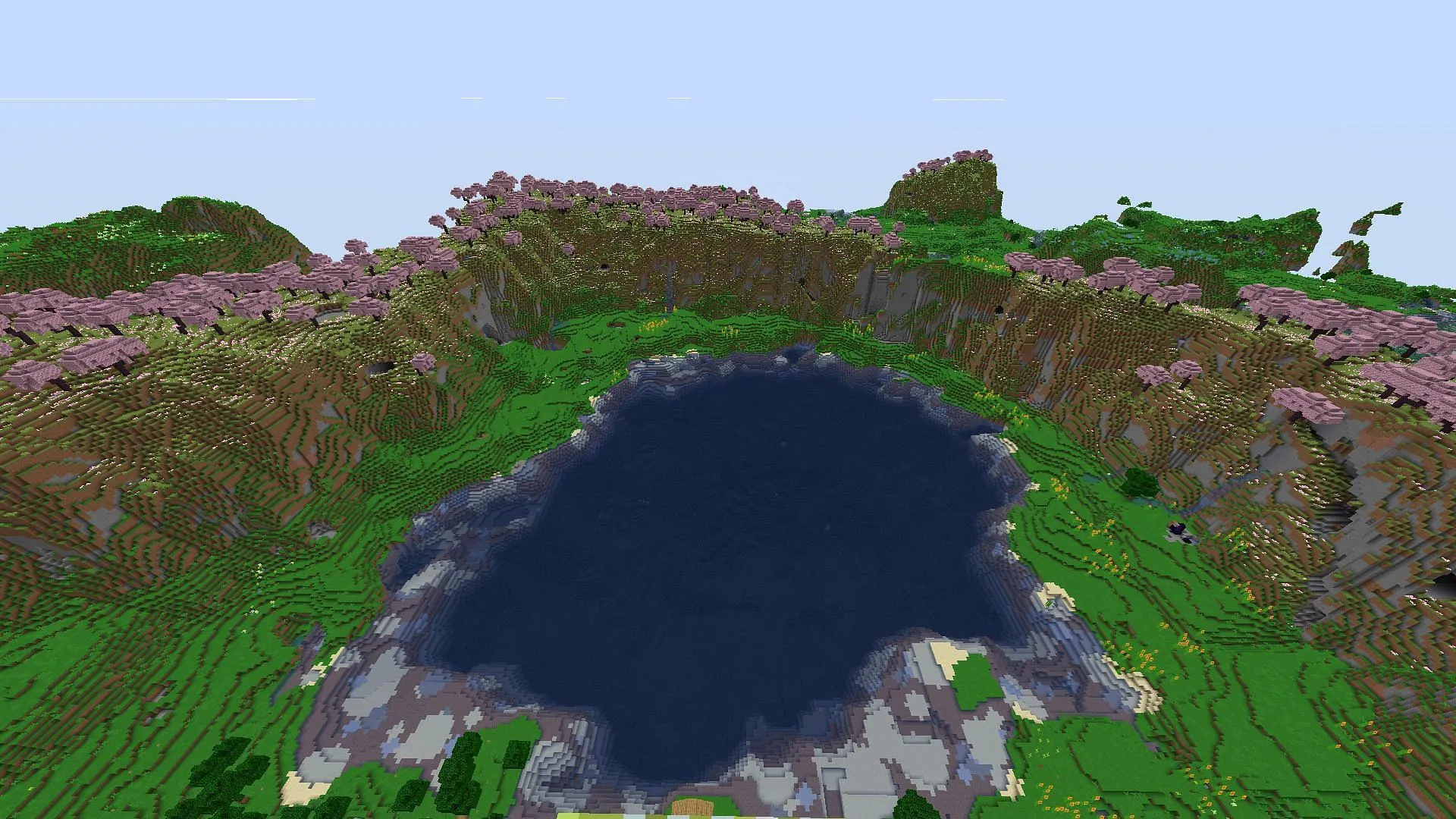 この Minecraft シードのスポーン湖は快適で、探索できる構造物がいくつかあります (画像: u/Irvinoboy8/Reddit)