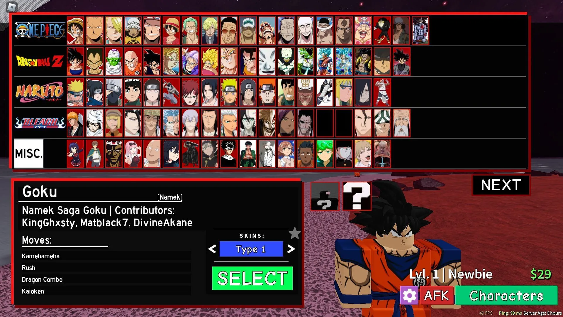 Personnages de Dragon Ball dans l'écran de sélection des personnages (Image via Roblox)