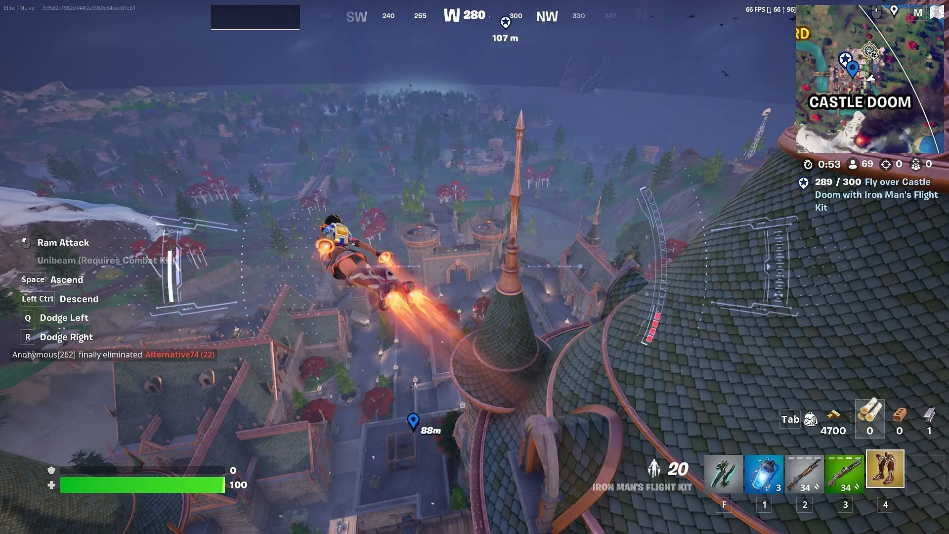 Sobrevoe o Castelo da Perdição com o kit de voo do Homem de Ferro para completar esta parte das missões da história Eu Sou o Homem de Ferro no Fortnite Capítulo 5 Temporada 4 (Imagem via Epic Games)