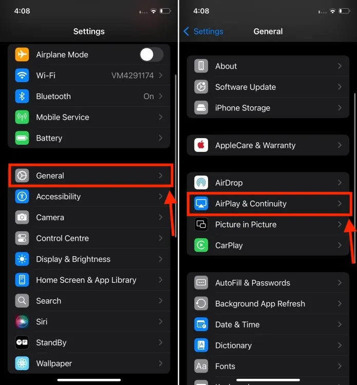 AirPlay y Continuidad en la configuración del iPhone.