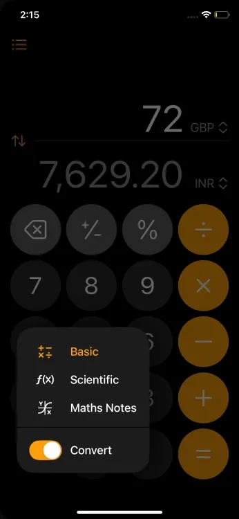 Conversões no aplicativo Calculadora no iOS 18