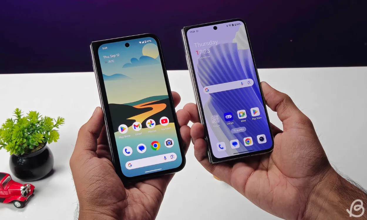 Pixel 9 Pro Fold vs. OnePlus Offenes Cover-Display in der Hand