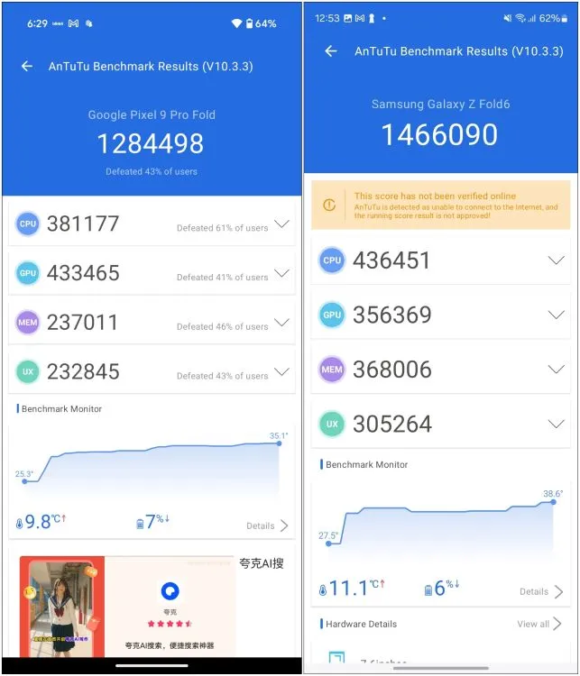 Pixel 9 Pro XL gegen Samsung Galaxy Z Fold 6 Antutu