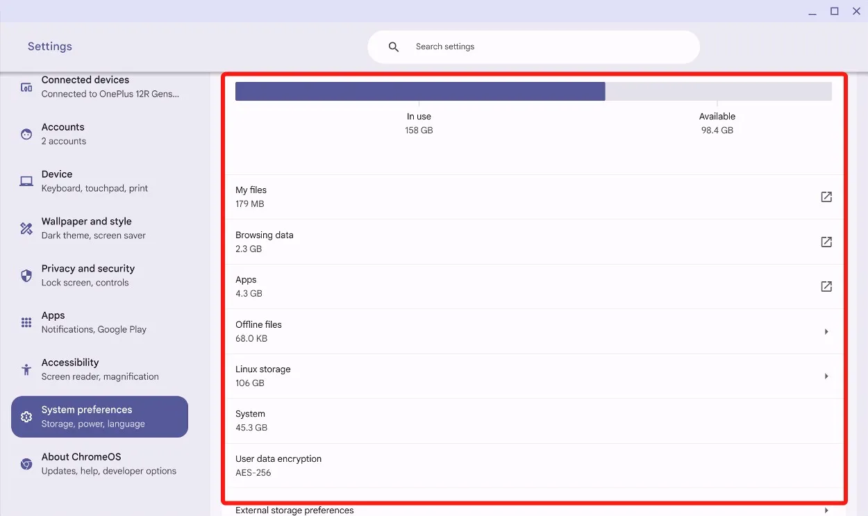 Vérifiez les informations de stockage pour libérer de l'espace de stockage sur Chromebook