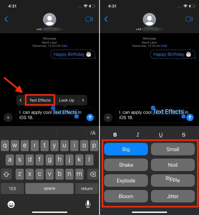 Effetti di testo in iOS 18