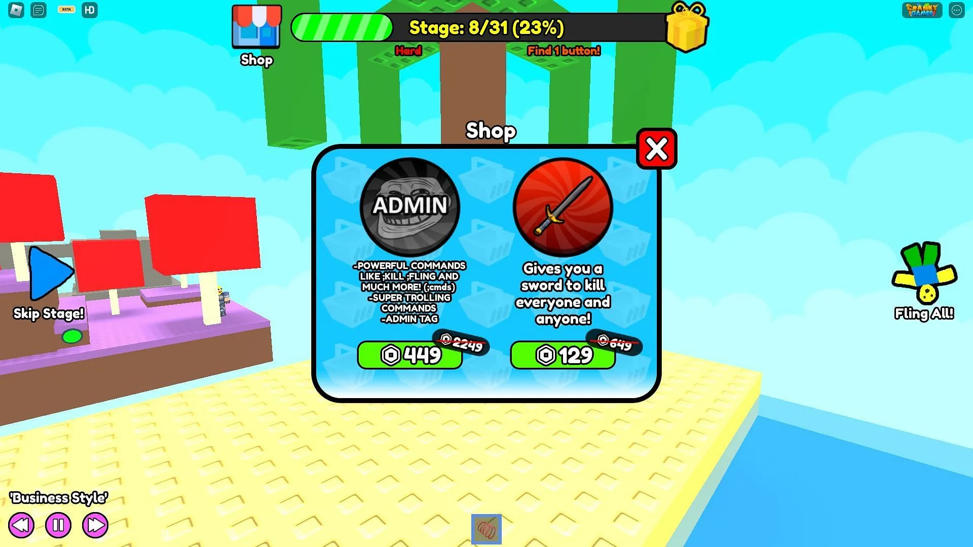 Boutique en jeu dans Find Buttons (Image via Roblox)