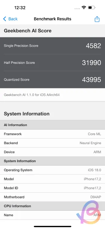 Puntuación de inteligencia artificial de Geekbench del A18 Pro