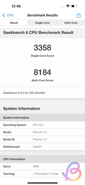 Wynik Geekbench A18 Pro