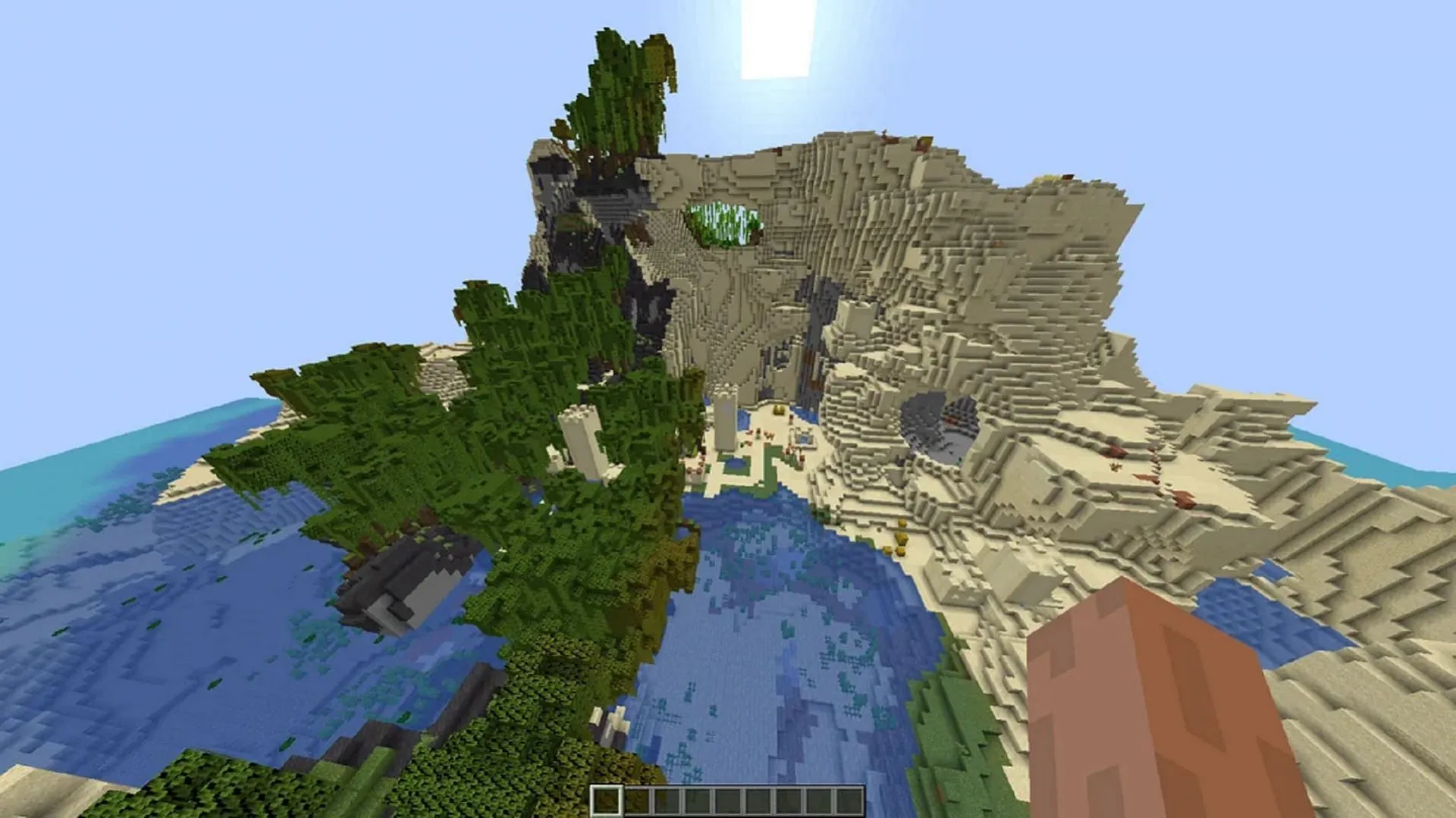 Esta semente do Minecraft oferece uma vila com uma mistura de biomas quentes em sua vizinhança (Imagem via u/Ok_Dragonfly_1051/Reddit)