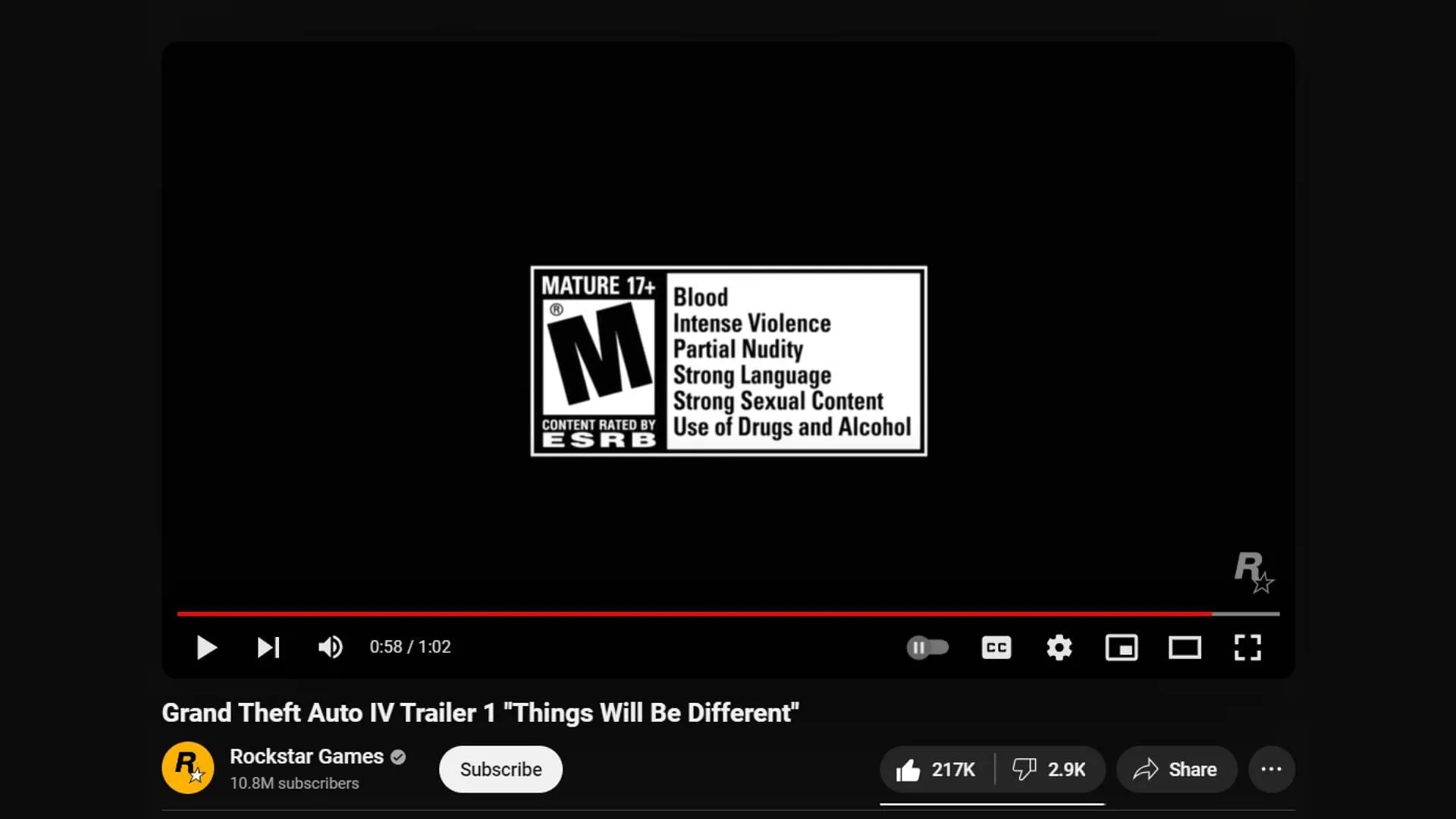 Rockstar Games showing the official rating of Grand Theft Auto 4 in its first trailer (Image via Rockstar Games)