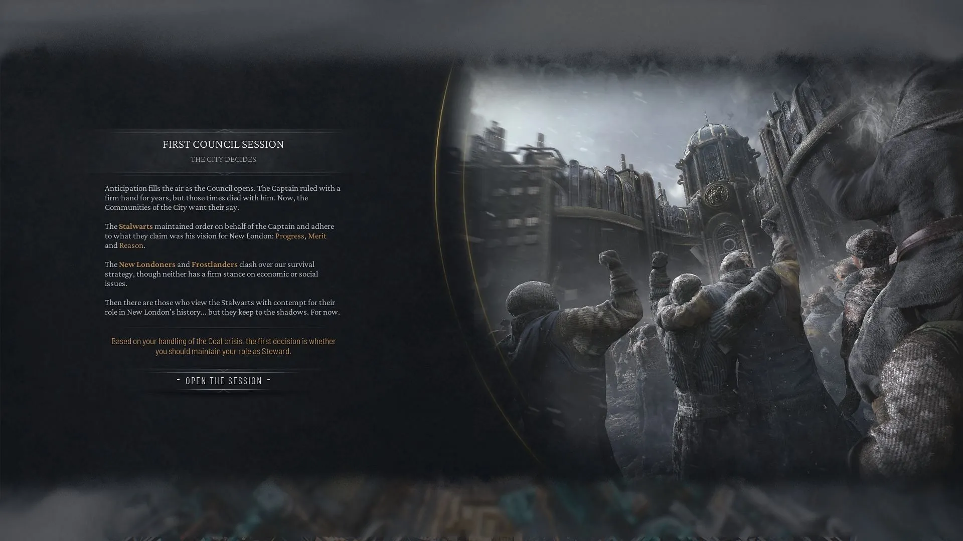 Première session du Conseil dans Frostpunk 2 (Image via 11 Bit Studios)