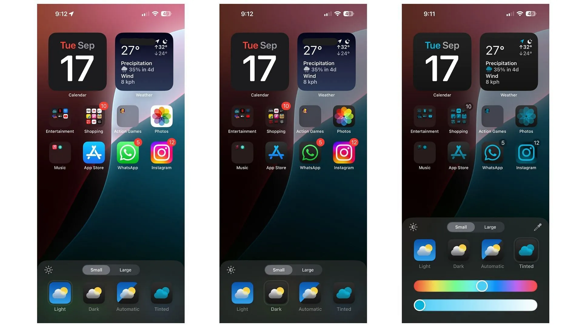 The new Light mode, Dark mode, and Tinted icons (Image via Apple)