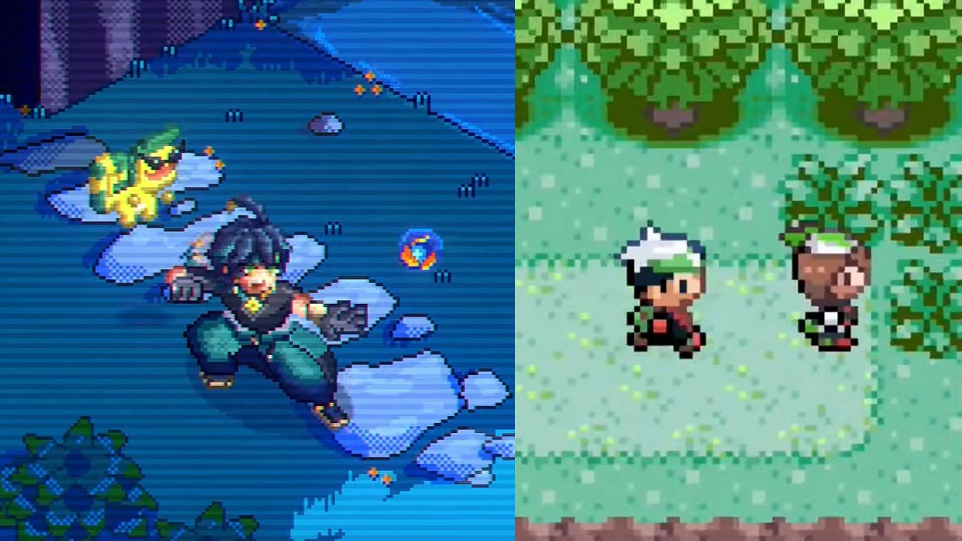 References to pixel-style JRPG games such as Pokémon and Final Fantasy Tactics in Kinich's trailer (Image via HoYoverse/Nintendo, Game Freak and Creatures)