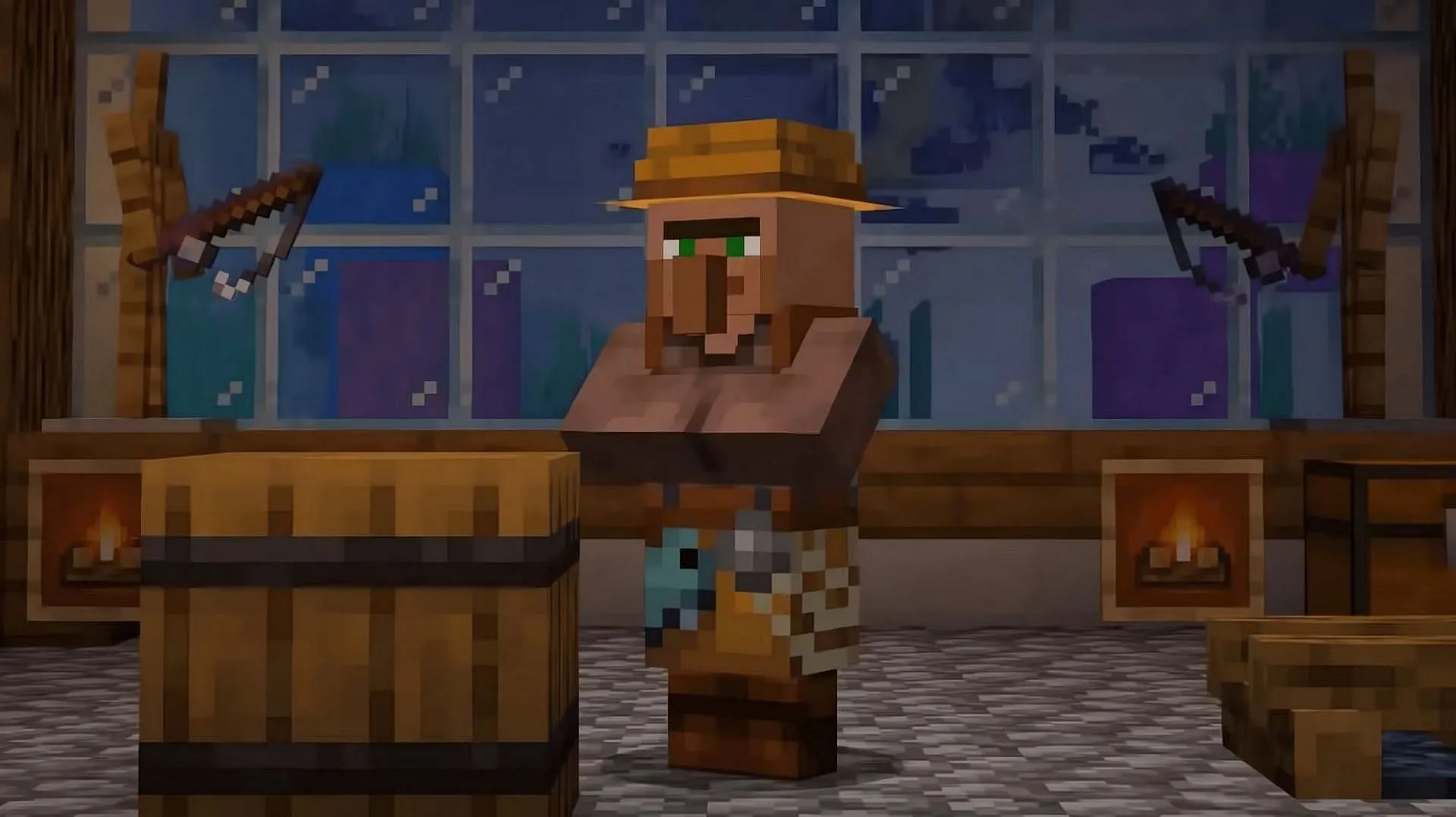 Os pescadores preferem vender suas capturas, mas também oferecem varas de pesca (Imagem via Mojang)