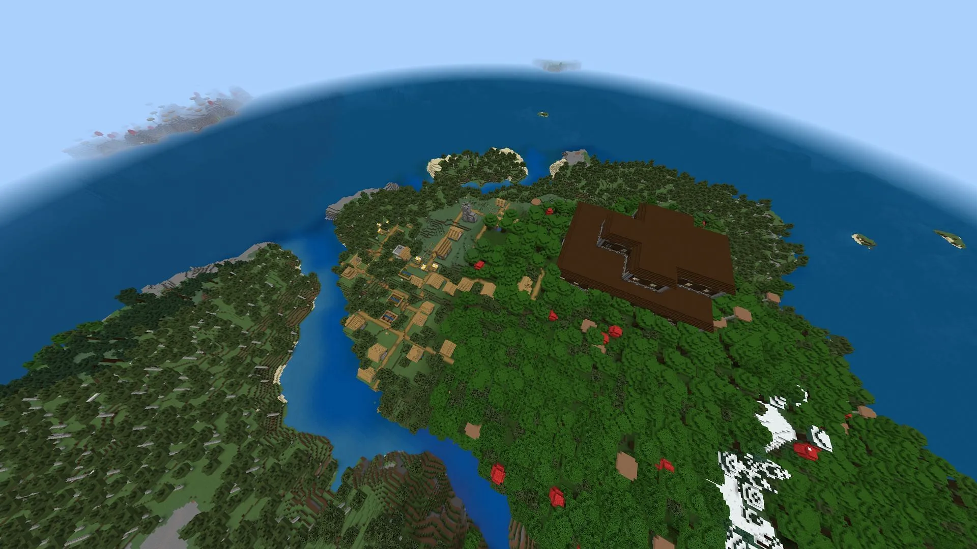 This Minecraft seed offers two structures at spawn and mushroom islands not far away (Image via u/Fragrant_Result_186/Reddit)