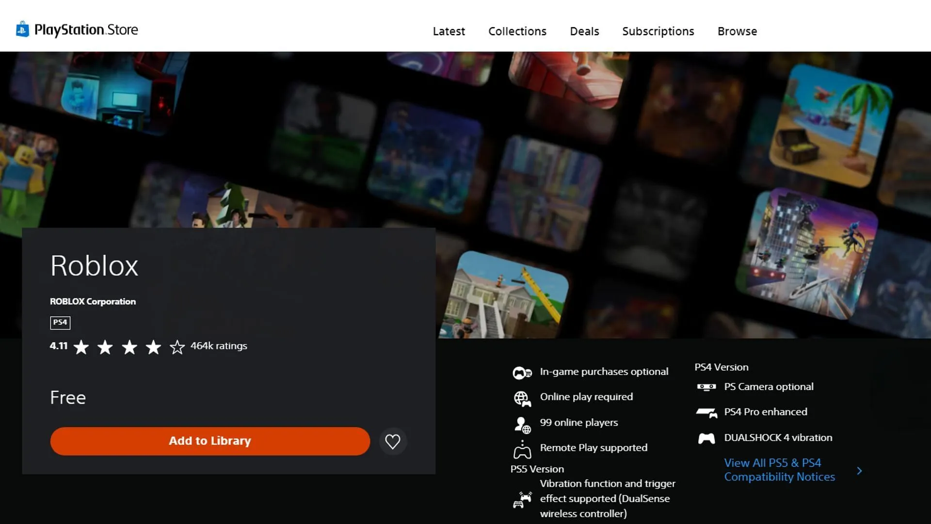 Roblox no site da PlayStation Store (Imagem via PlayStation)