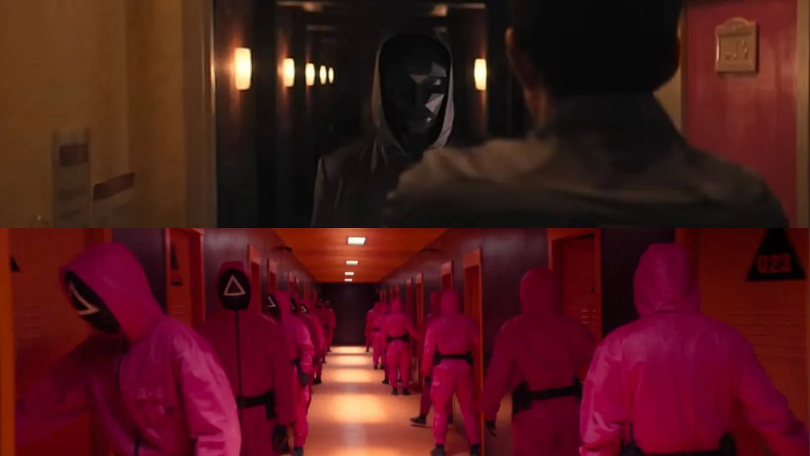 Gi-hun was held captive at the Squid Game pink troopers' quarters by the Front Man. (Images via X/@netflix)