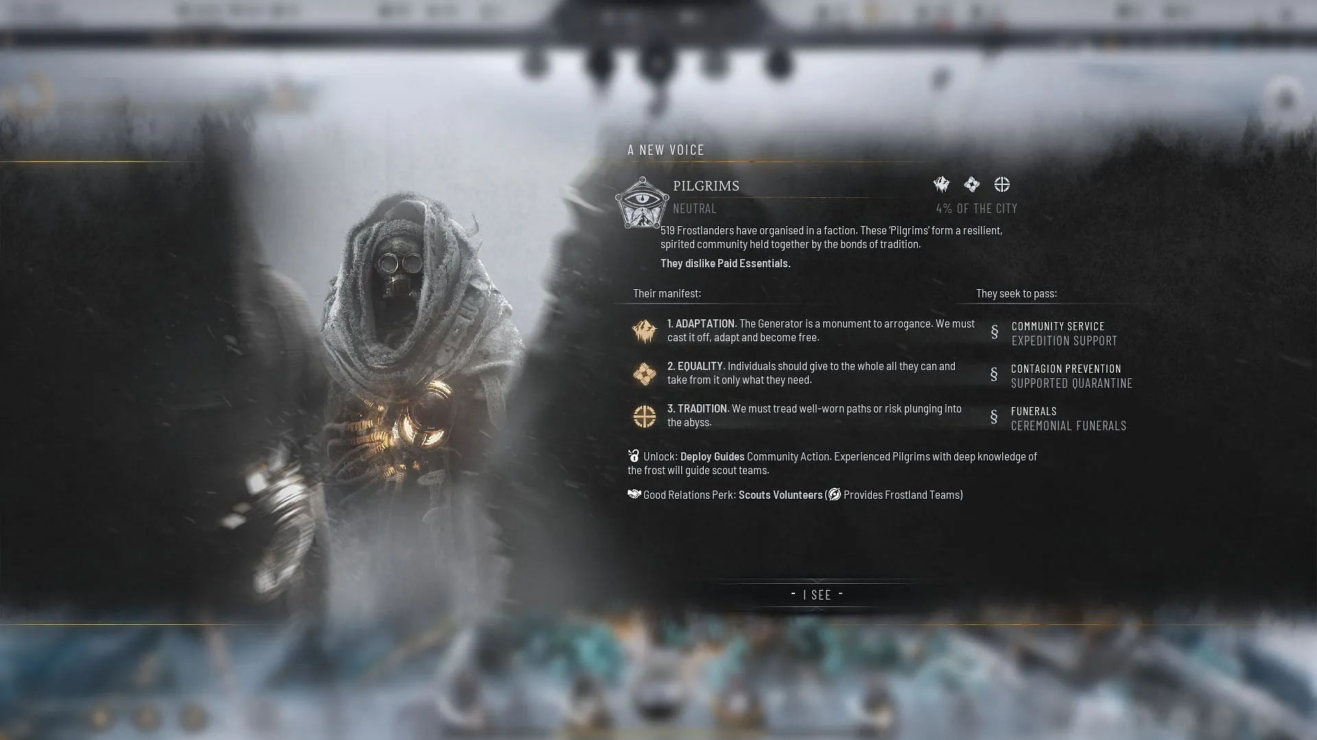 Überprüfen Sie die Anforderungen jeder Fraktion und versuchen Sie, einige davon zu erfüllen, um die Fraktionen in Frostpunk 2 zu deradikalisieren (Bild über 11 Bit Studios)