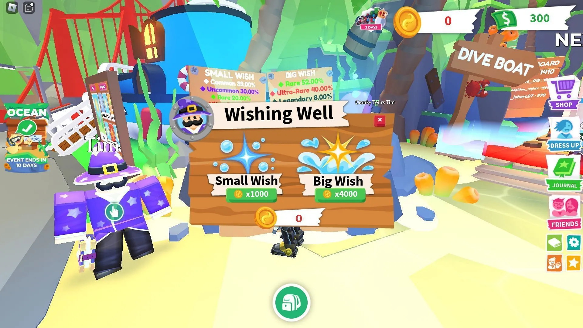 Utilisez des pièces de monnaie Cranky dans Wishing Well (Image via Roblox)