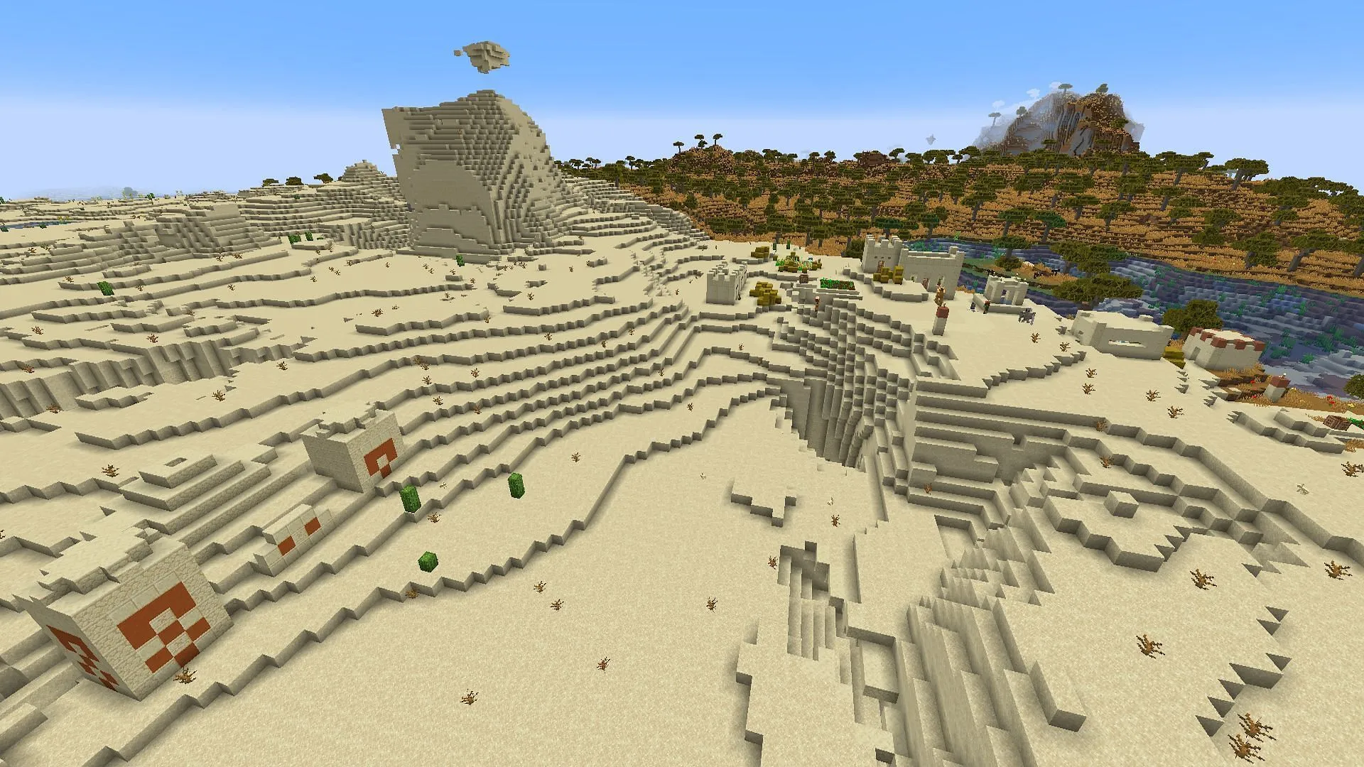 Um templo e uma vila no deserto encontrados acima de uma câmara de julgamento nesta semente (Imagem via Mojang)