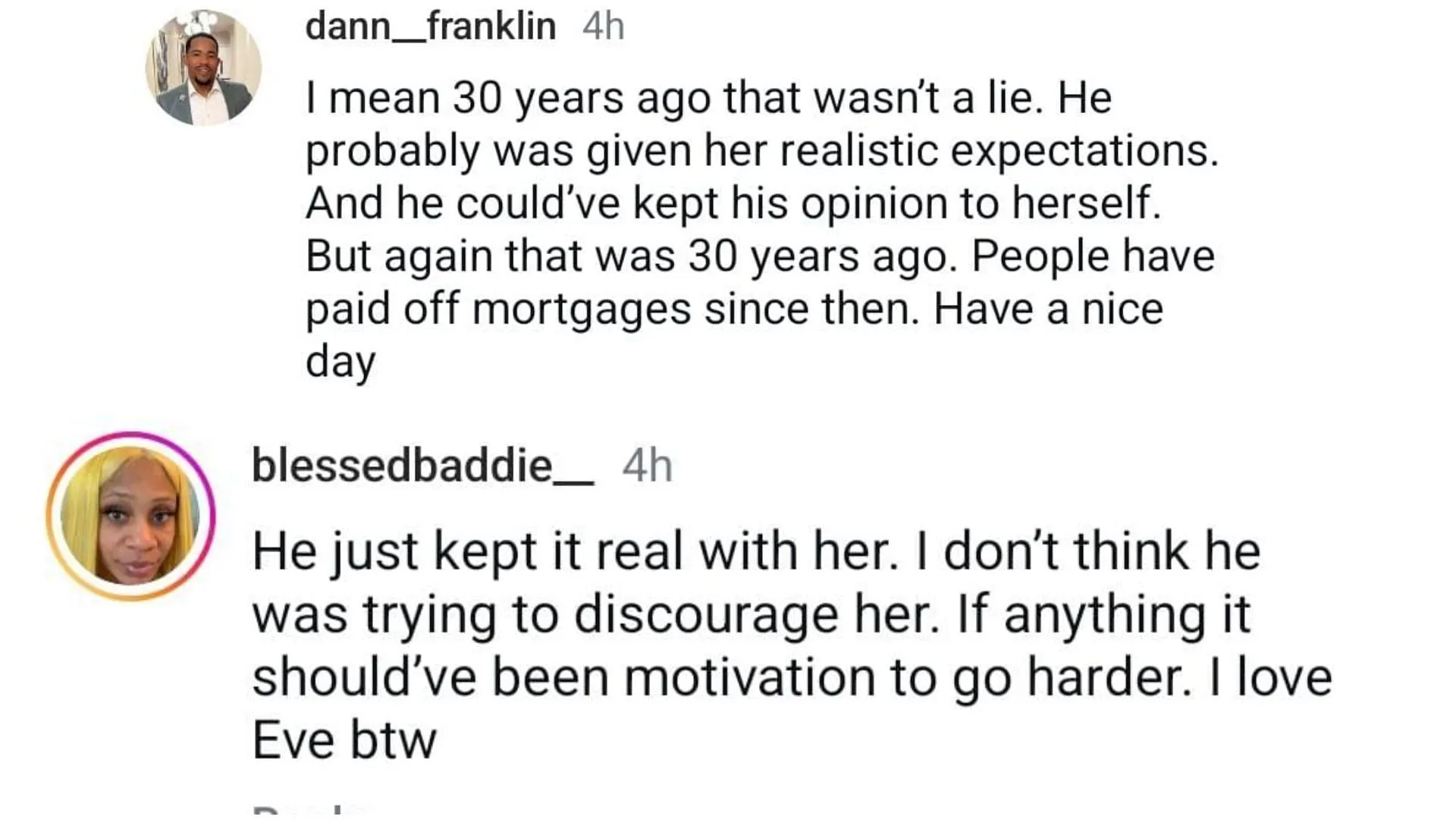 Fans reacted to Eve's statement (Image via Instagram / @dann_franklin / @blessedbaddie_)