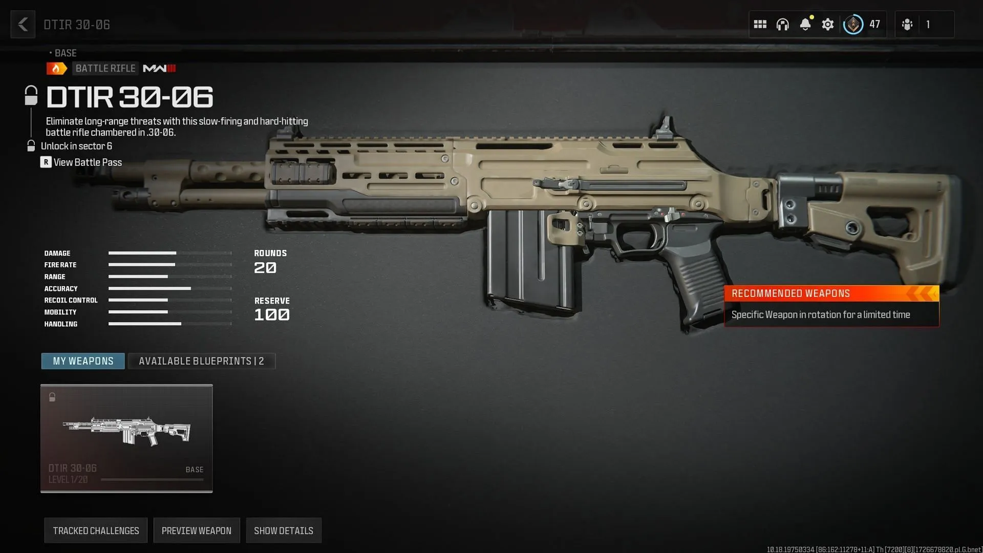 Rifle de batalha DTIR 30-06 em WZ (Imagem via Activision)