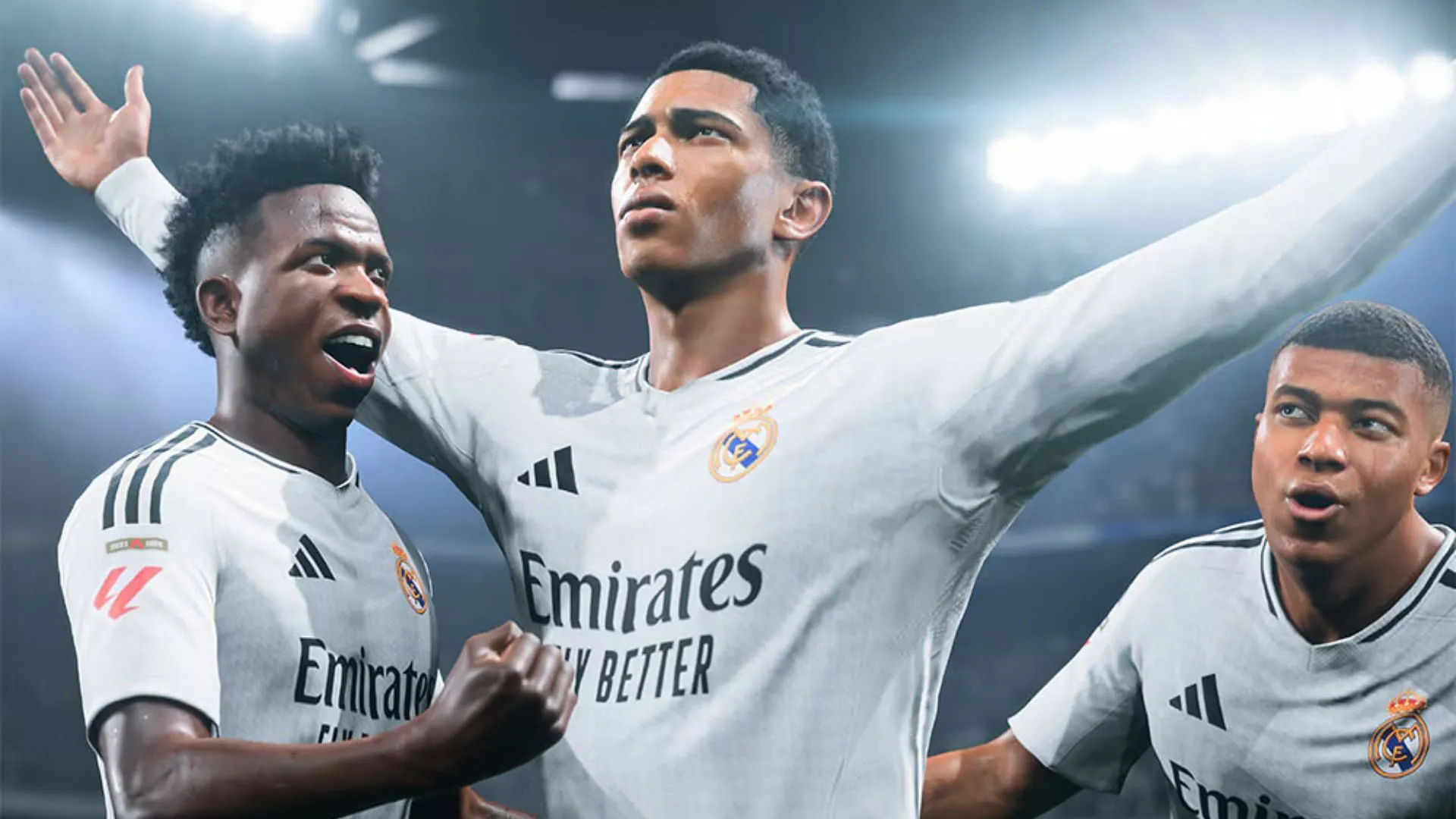 Jude Bellingham festeggia con Vinicius Jr e Kylian Mbappe in giro per FC 25 (Immagine tramite EA)