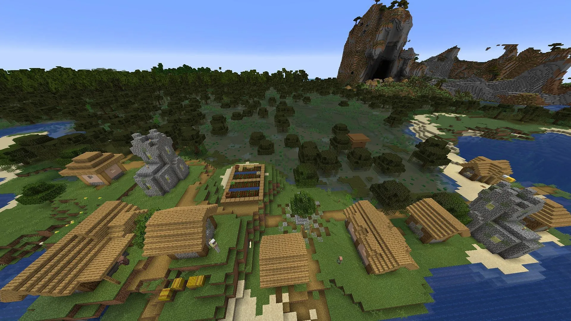 Plusieurs villages et structures peuvent être trouvés à proximité du marais de cette graine Minecraft (Image via Mojang)