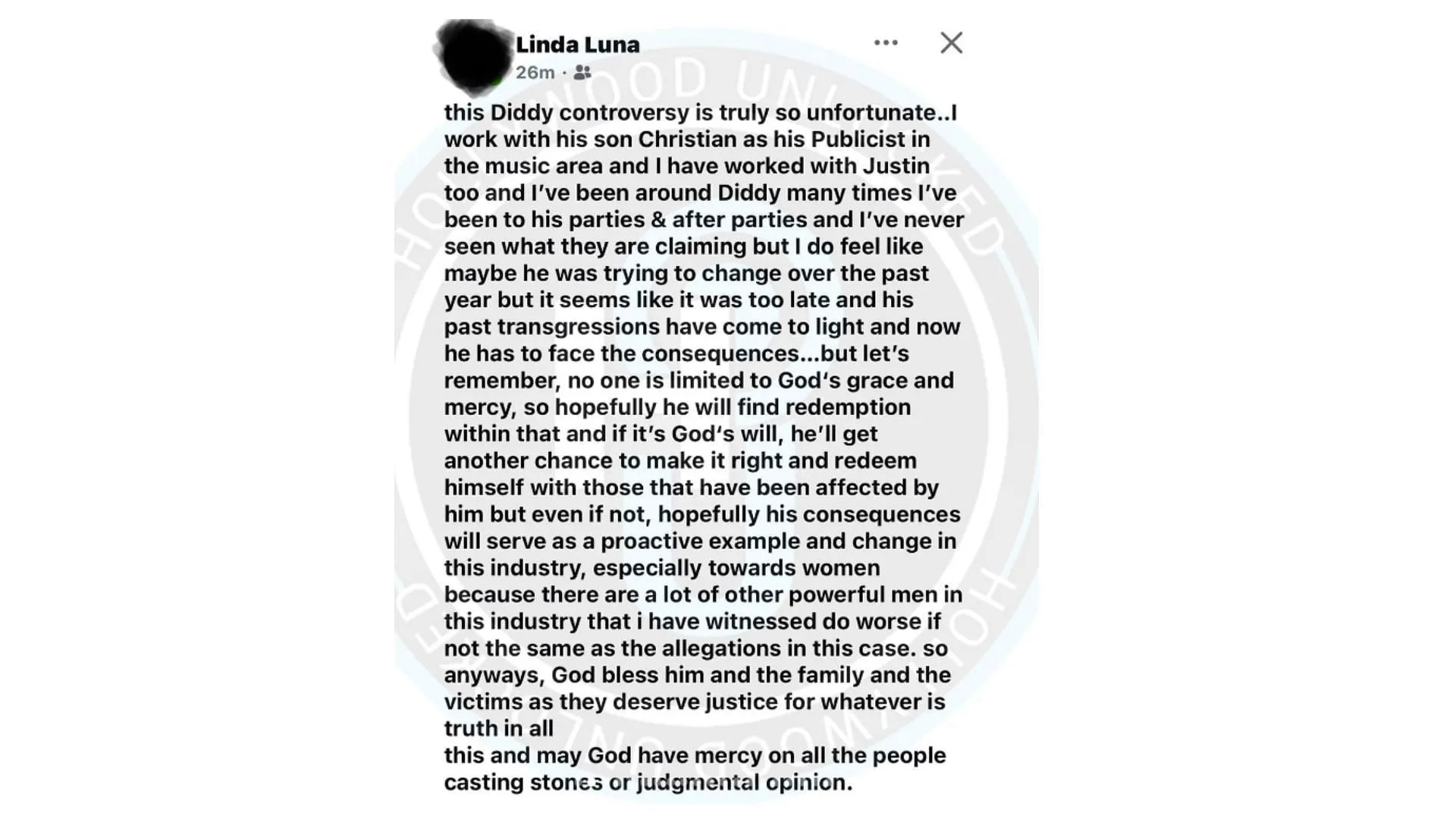 Linda Luna's viral post on Sean Combs. (Image via Instagram/ hollywoodunlocked)