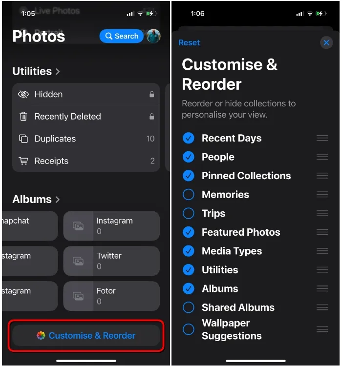 App Foto iOS 18 - Personalizza e riordina