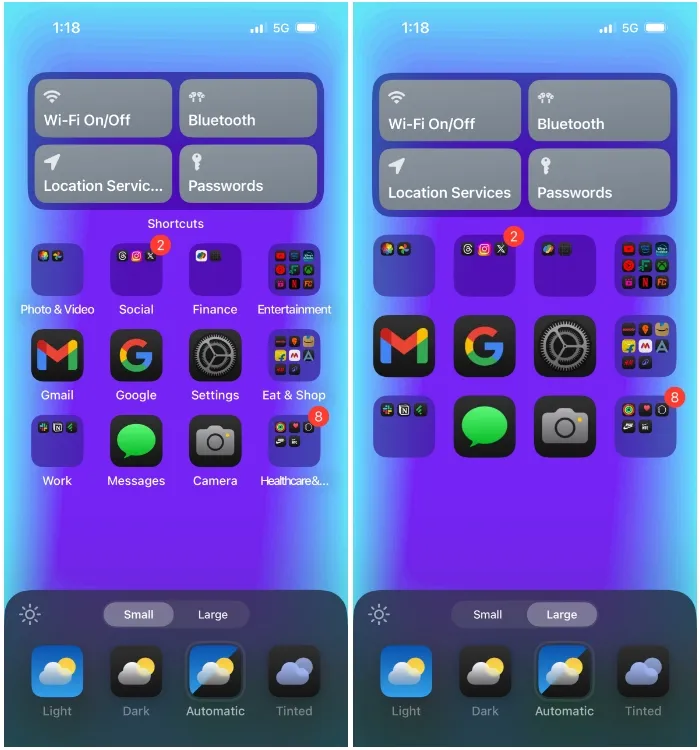 iOS 18 - Iconos pequeños y grandes