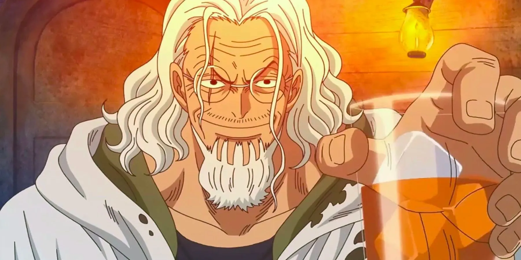 Silvers Rayleigh prend un verre dans l'archipel de Saboardy dans One Piece.