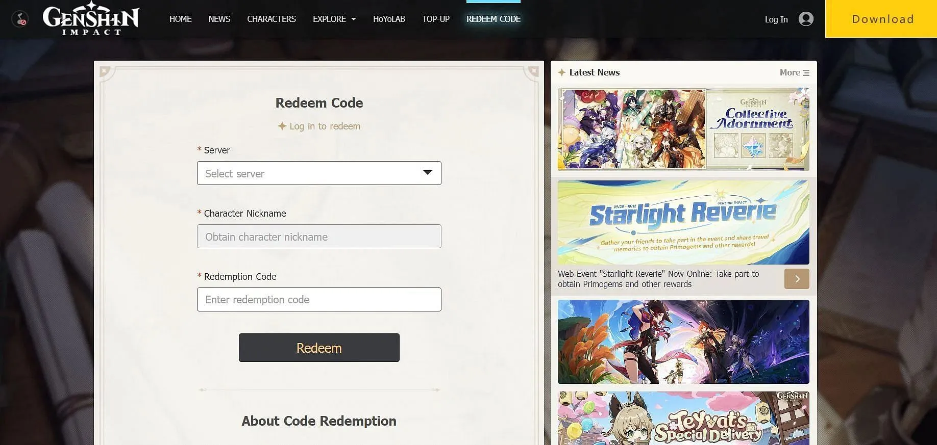 Utiliser des codes sur le site Web (Image via HoYoverse)