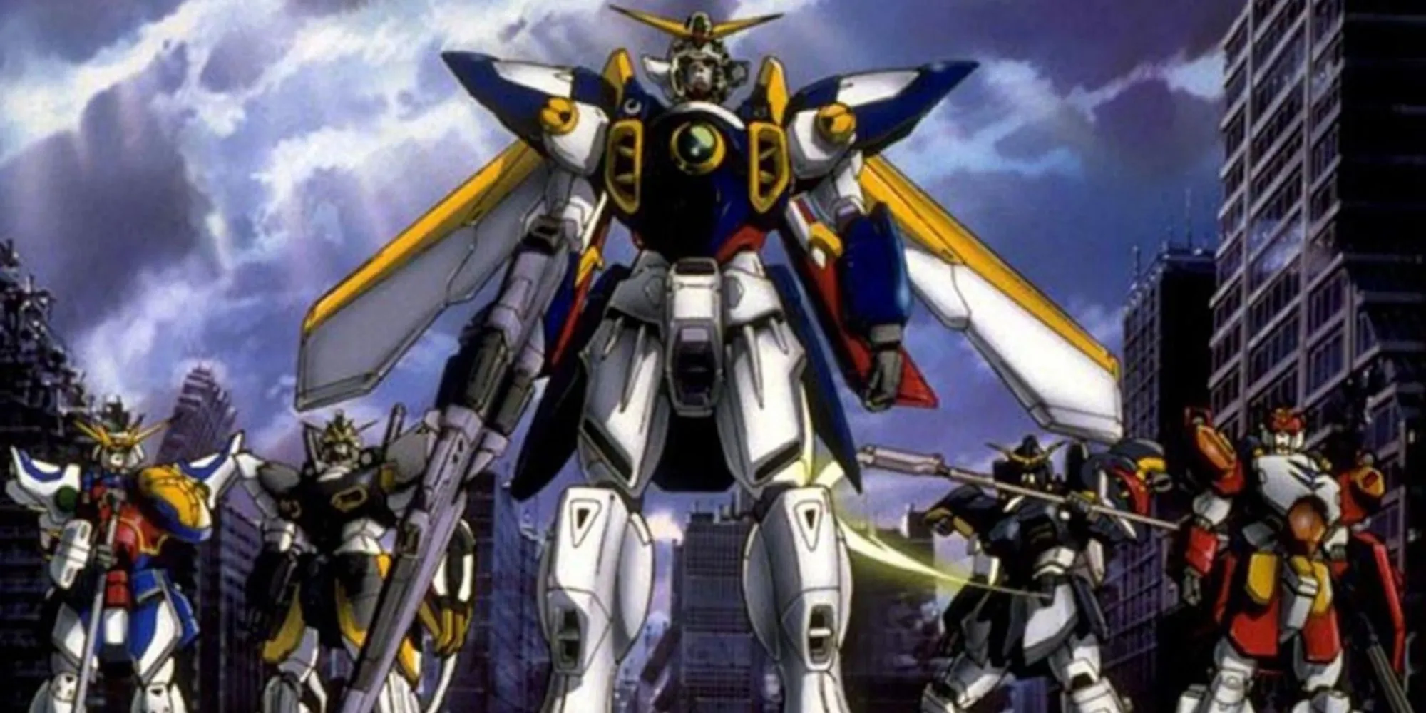 Arte promocional de Gundam apresentando os cinco Gundams principais de Gundam Wing