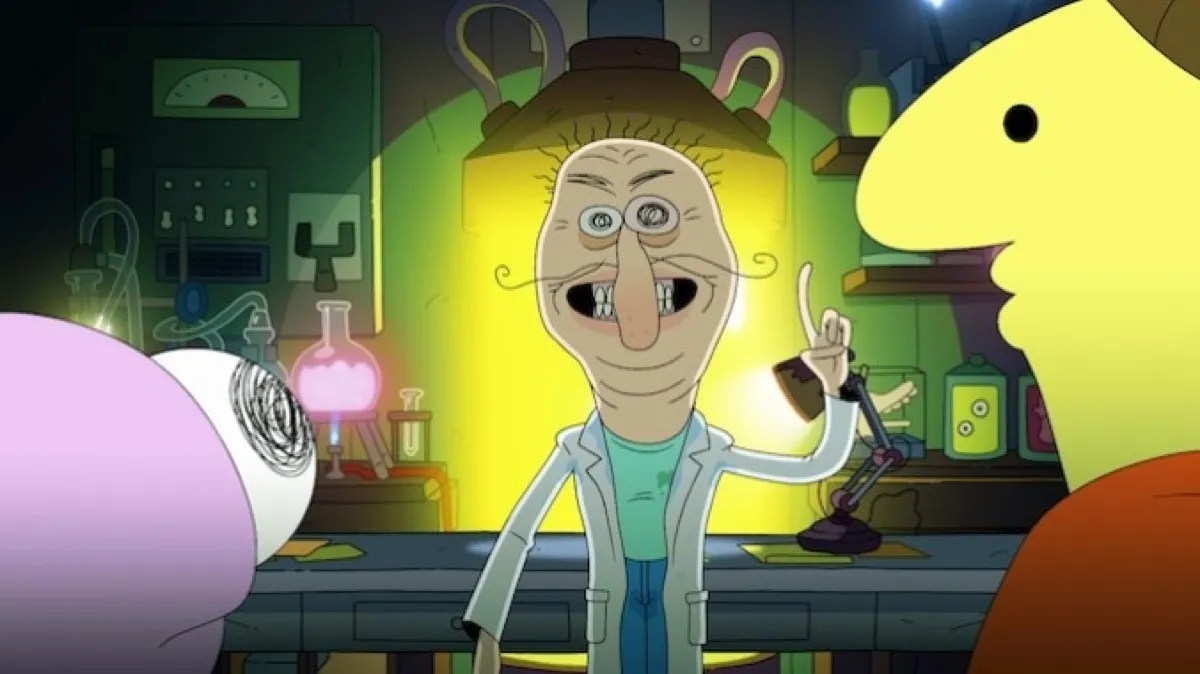 Two animated critters stare at a mad scientist in