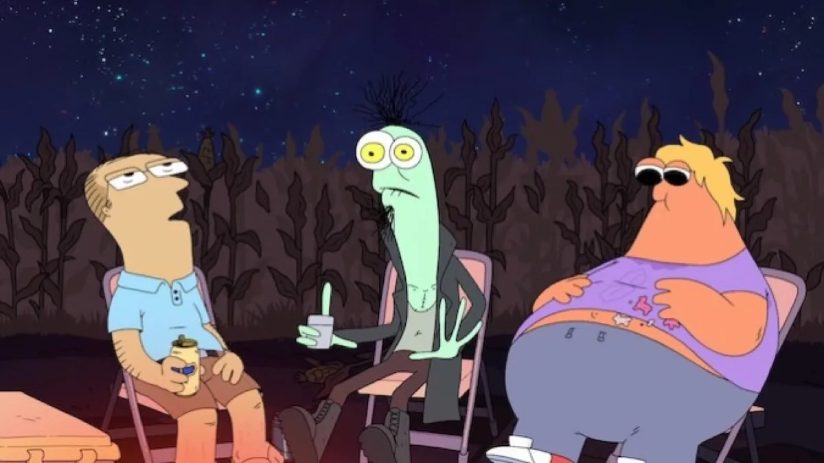 Three animated characters sit in a cornfield at night in