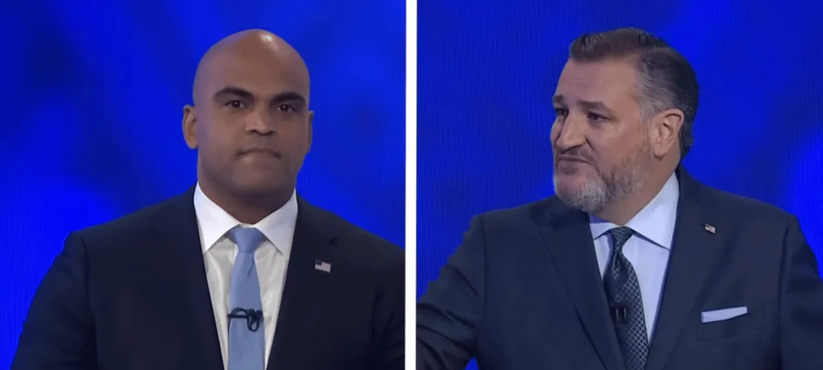 Colin Allred i Ted Cruz na podzielonym ekranie podczas debaty w Senacie Teksasu w 2024 r.