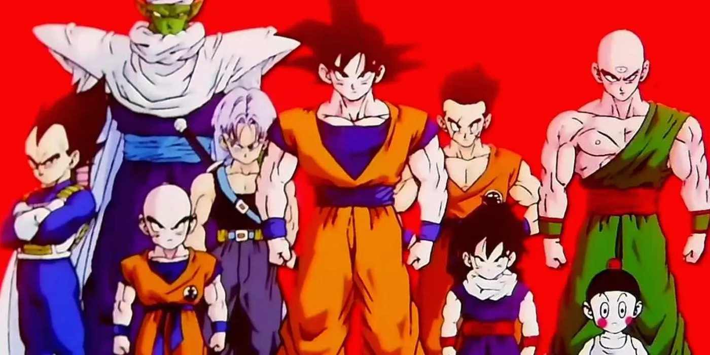 Main characters of Dragon Ball Z: Vegeta, Piccolo, Krillin, Trunks, Son Goku, Yamcha, Gohan, Tien, and Chiaotzu.