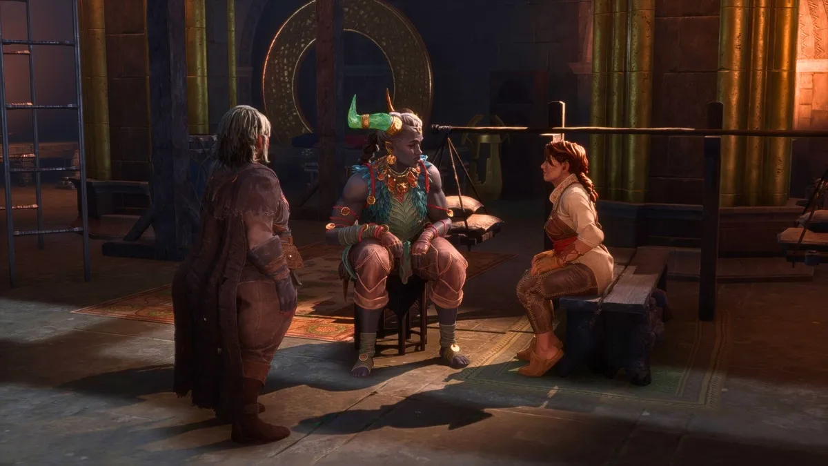 Captura de tela de Rook, Taash e Harding no Farol em Dragon Age: The Veilguard