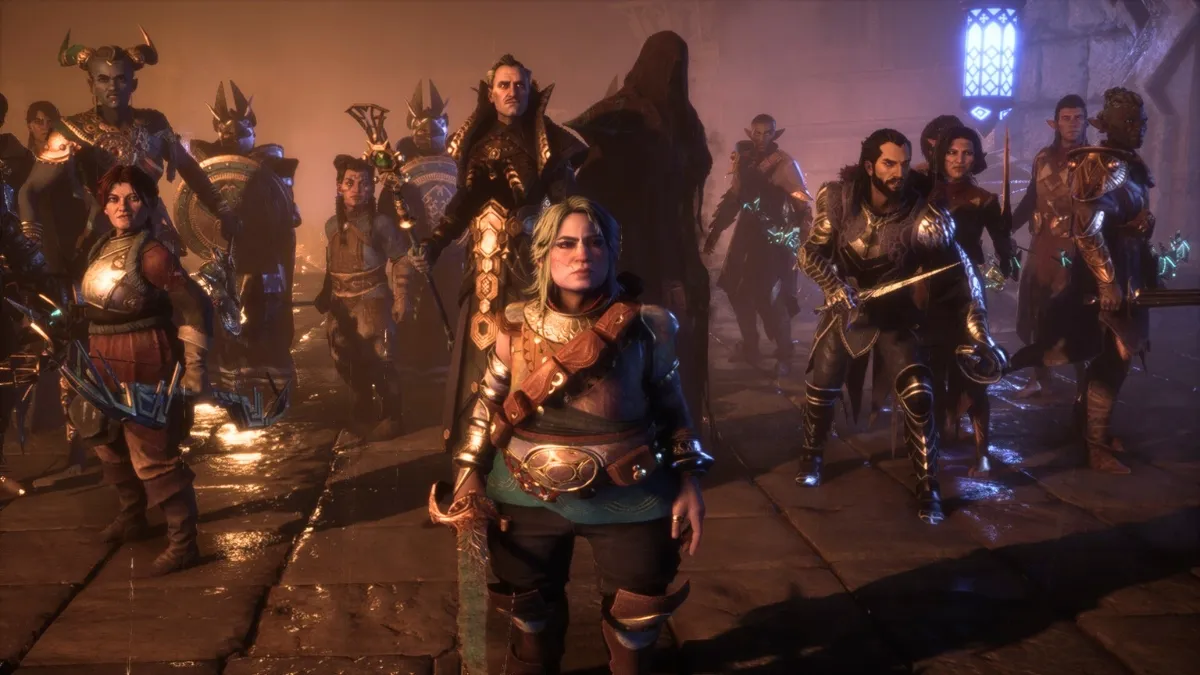 Screenshot von Rook, der die Gruppe in Dragon Age: The Veilguard in die Schlacht führt