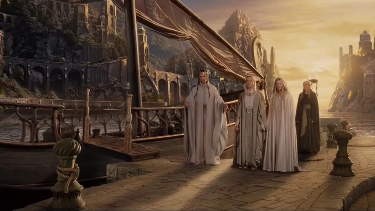 Elrond, Galadriel, Celeborn e Círdan esperam perto de um navio nos Portos Cinzentos em O Senhor dos Anéis: O Retorno do Rei