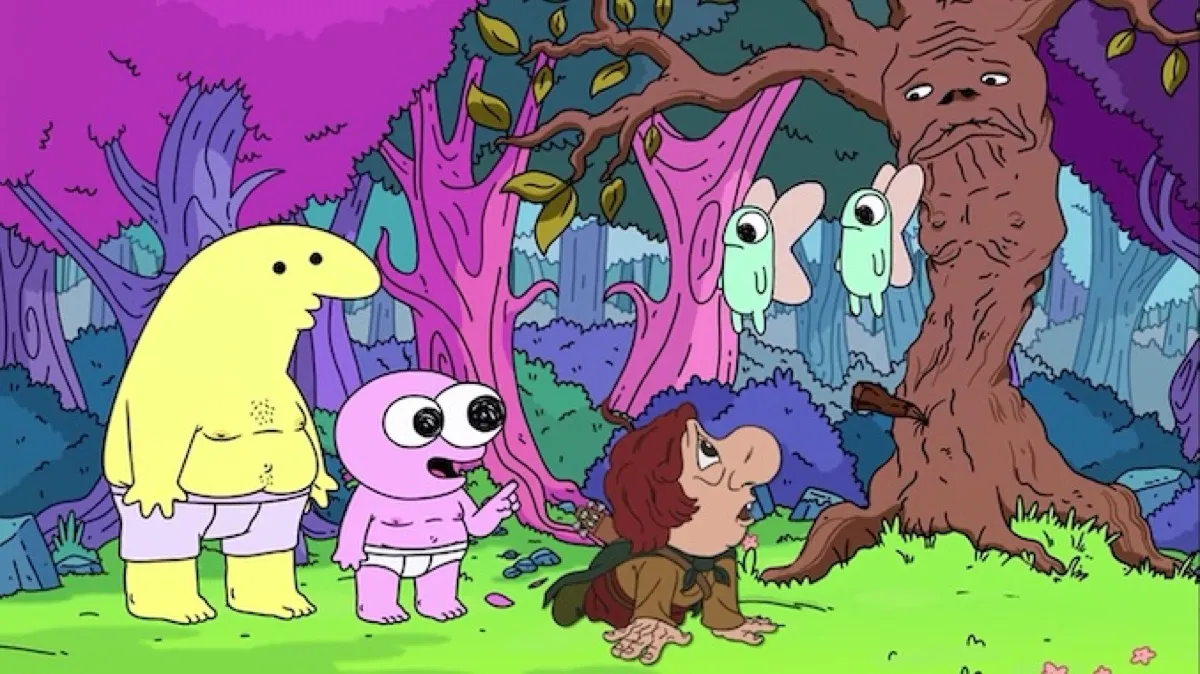 Two animated critters follow a hobbit through the woods in 'Smiling Friends'