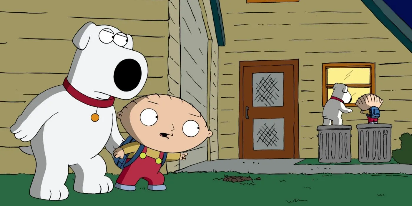 Seth MacFarlane Family Guy Screenshot de Back to the Pilot Stewie e Brian olhando para seus eus passados